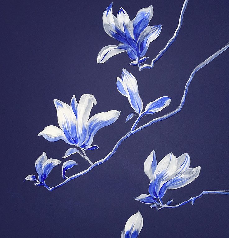 "Blue & White Magnolias" by Cecelia Claire.