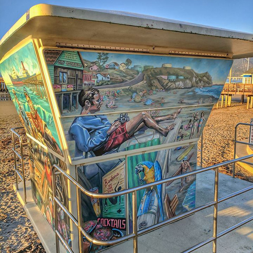 Avila Beach Lifeguard Towers, the History and Future of Avila Beach. 8 interchangeable murals measuring 7.5x7’ on 2 lifeguard towers. 2017 Painted on primed aluminum panels, XIM UMA Acrylic Bonder, Nova color, B72 sealer, MuralGuard