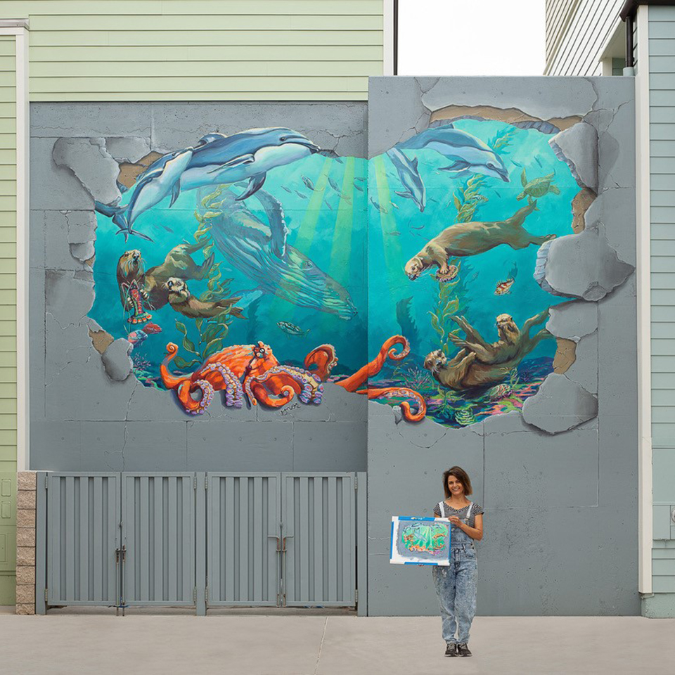 “Mother Ocean Breaks Free” 15x19’ Trompe L’oiel mural in Avila Beach, CA 2023 Drylock primer, Golden and Nova color, Muralguard