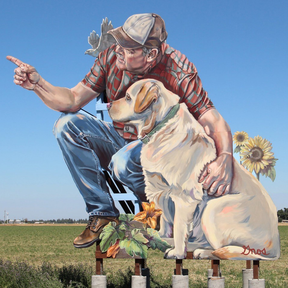 "Stewards of the Soil” Roadside mural installed along Interstate 80 by Dixon, CA 20x20’ 2018 XIM UMA Acrylic Bonder, Golden and Nova color, Sheercoat sealer painted on MDO panels